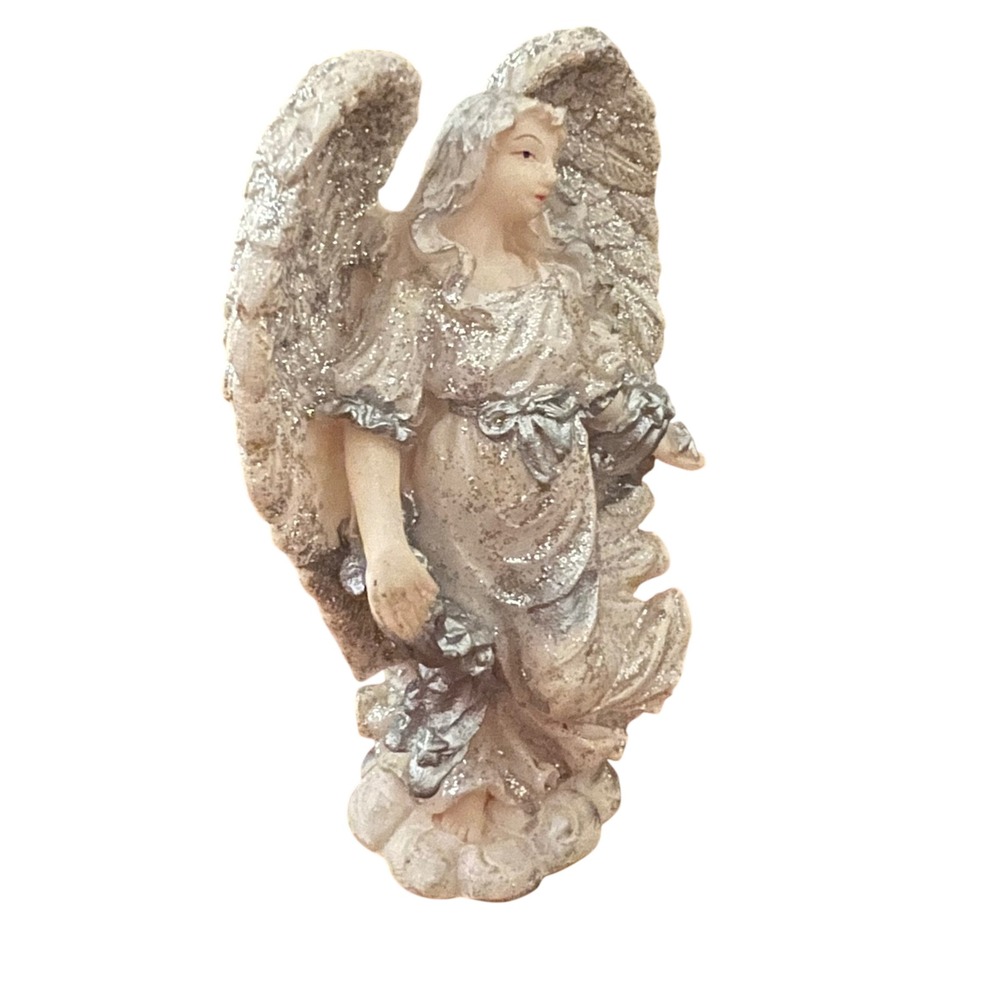 Vintage Glitter Guardian Angel Figurine White Resin Christmas Decor Statue. EUC - Picture 4 of 5